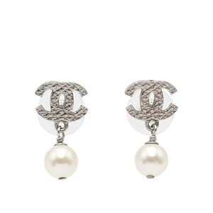 CHANEL Silver Logo Earrings with Cream Pearls